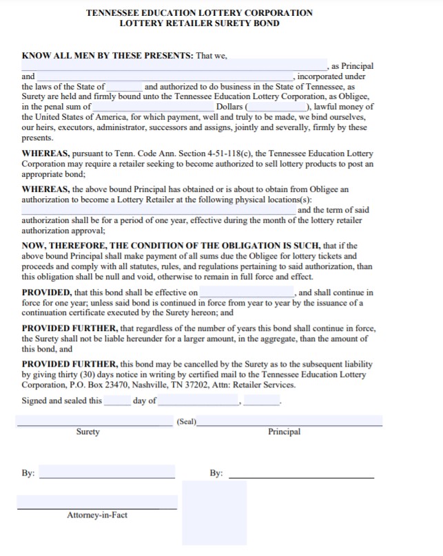 Tennessee Lottery Retailer Bond Form