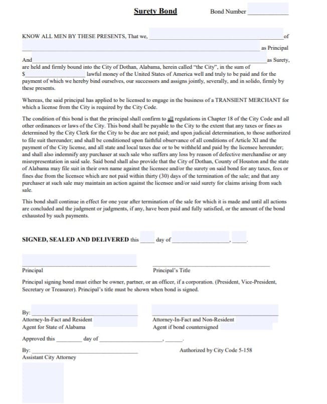 Dothan Itinerant Vendor Bond Form