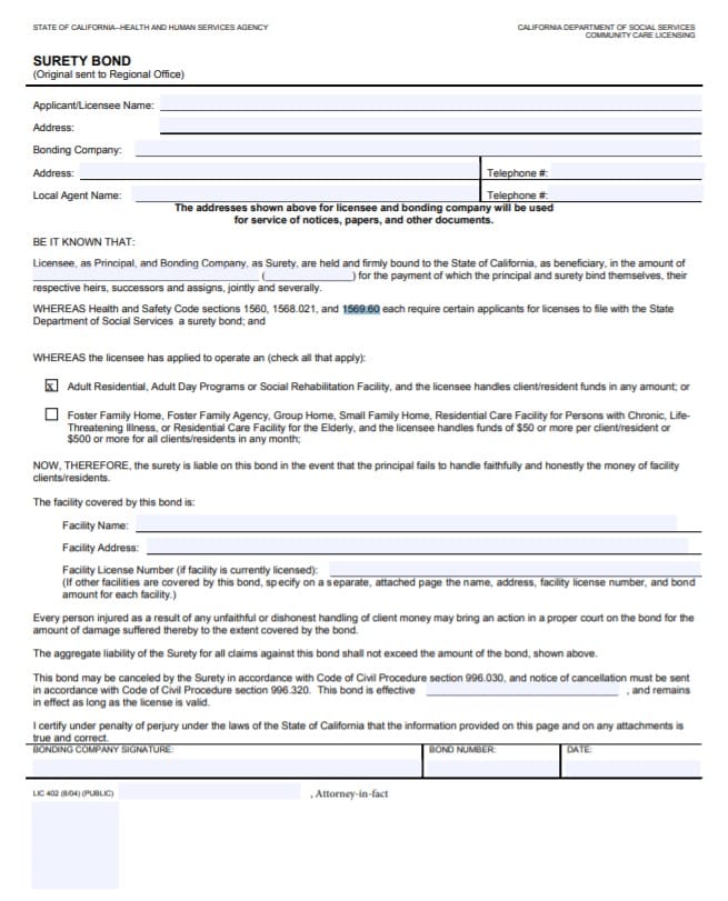 California Adult Care Facility Bond Form