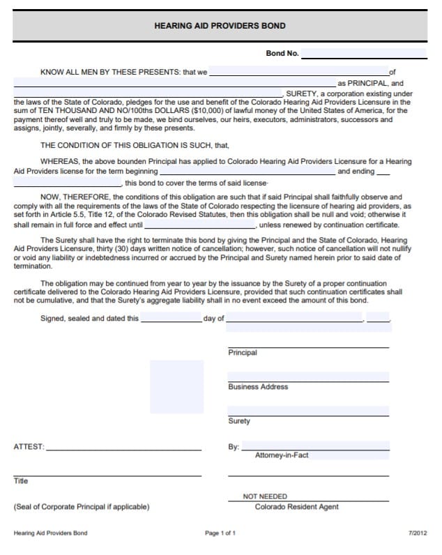Colorado Hearing Aid Provider Bond Form