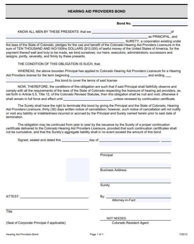 Colorado Hearing Aid Provider Bond Form