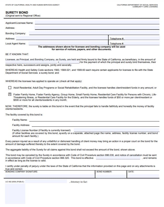 California Residential Care Facility Bond Form