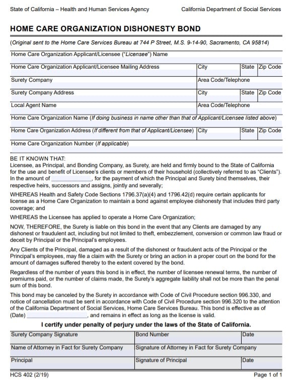 California Home Care Organization Bond Form