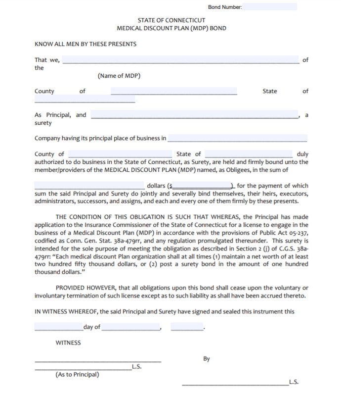 Connecticut Medical Discount Plan Bond Form
