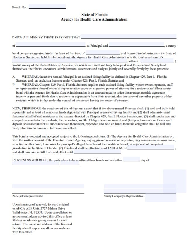 Florida Assisted Living Facility Bond Form