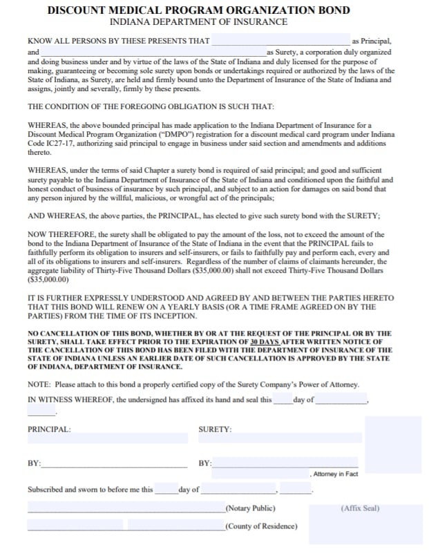 Indiana Discount Medical Program Organization Bond Form