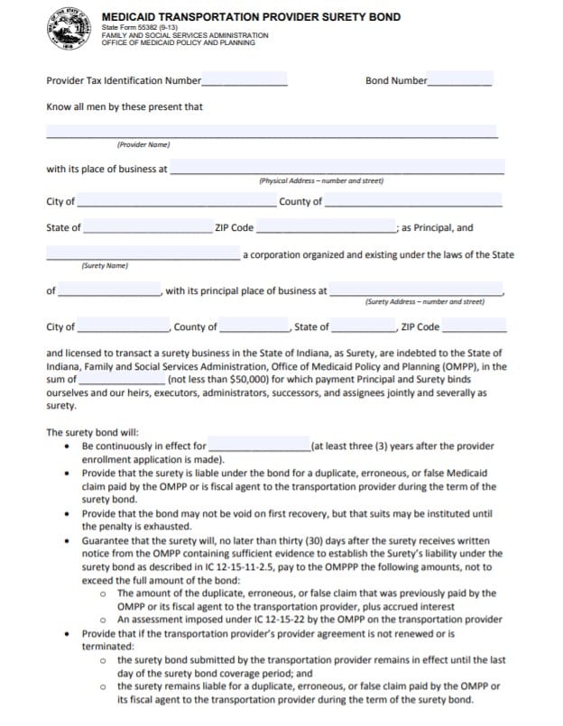 Medicaid Transportation Provider Bond Form