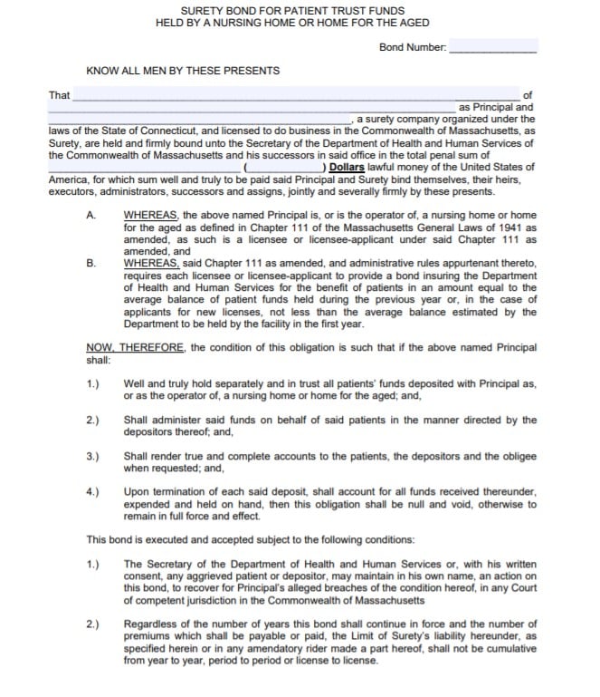 Massachusetts Nursing Home Bond Form