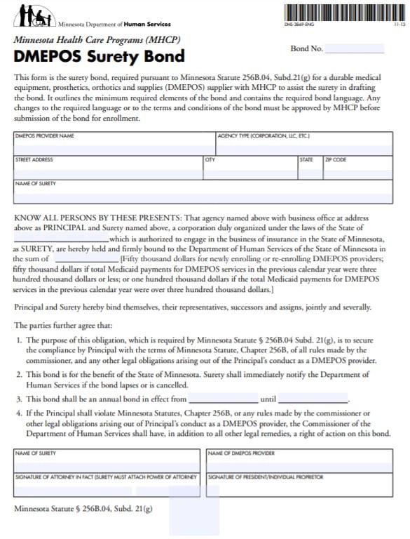 Minnesota Medicaid DMEPOS Supplier Bond Form