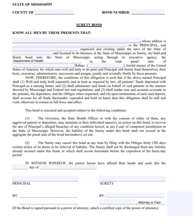 Mississippi Nursing Home Bond Form