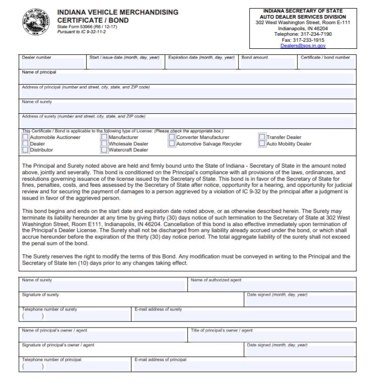 Indiana Auto Dealer Bond Form