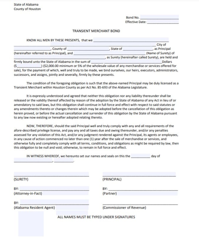 Houston Transient Merchant Surety Bond Form
