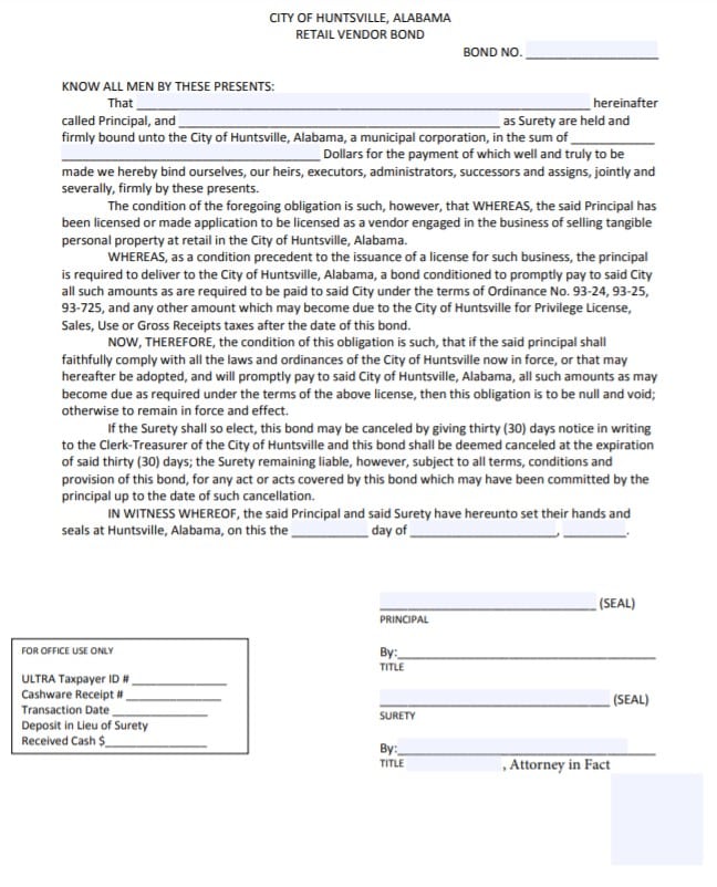 Huntsville Retail Vendor Surety Bond Form