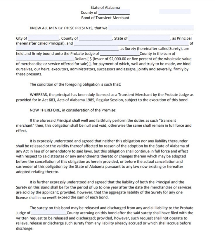 Alabama Transient Merchant Bond Form