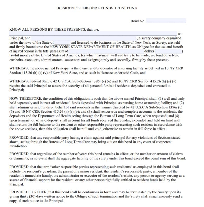New York Nursing Facility Bond Form