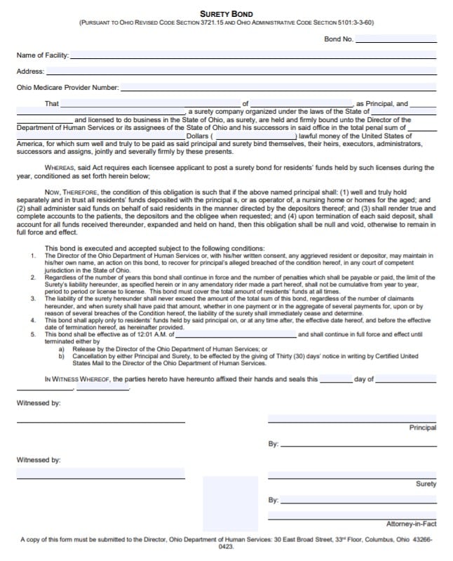 Ohio Nursing Facility Bond Form