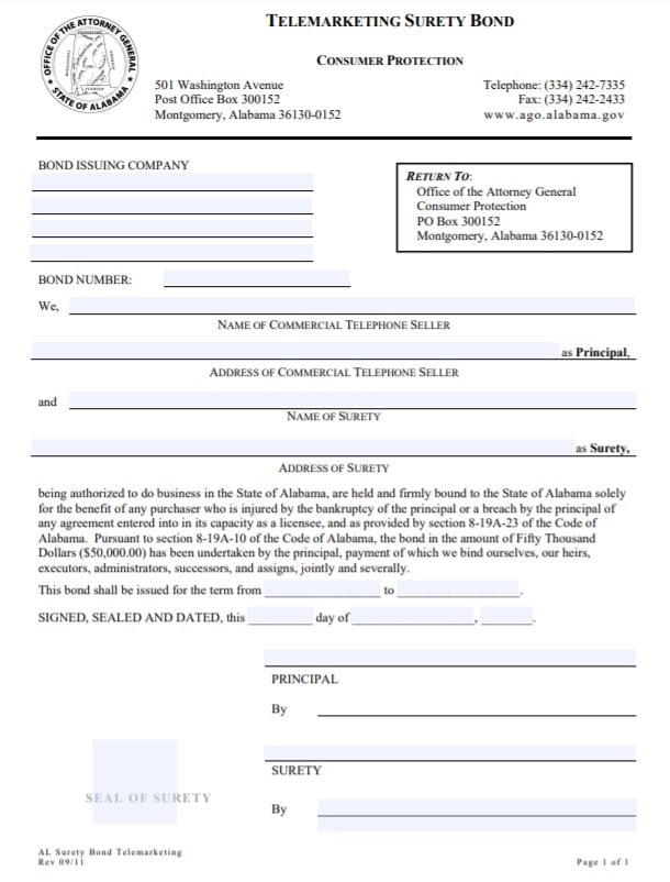 Alabama Telemarketing Bond Form