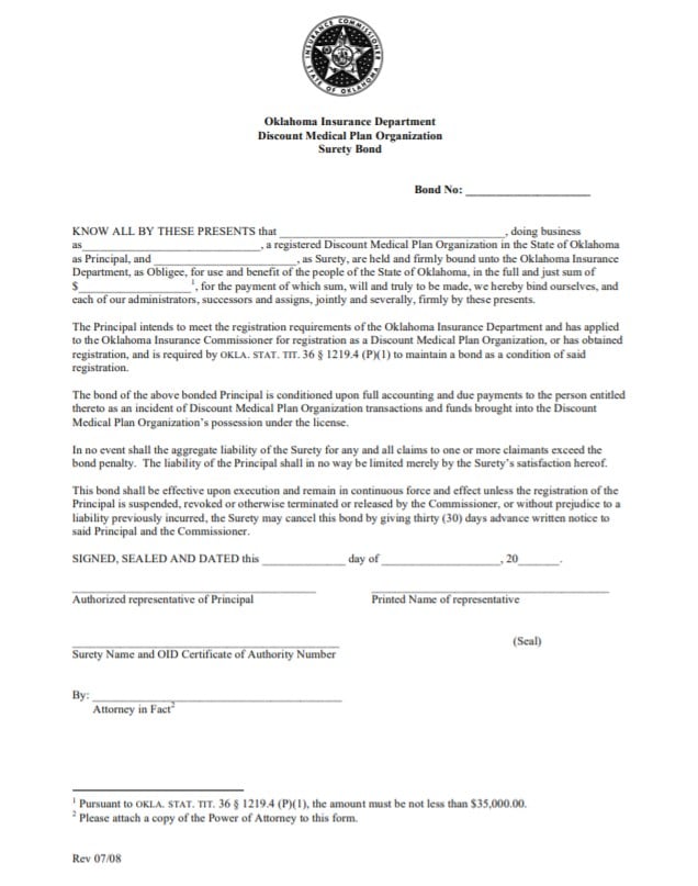 Oklahoma Discount Medical Plan Organization Bond Form