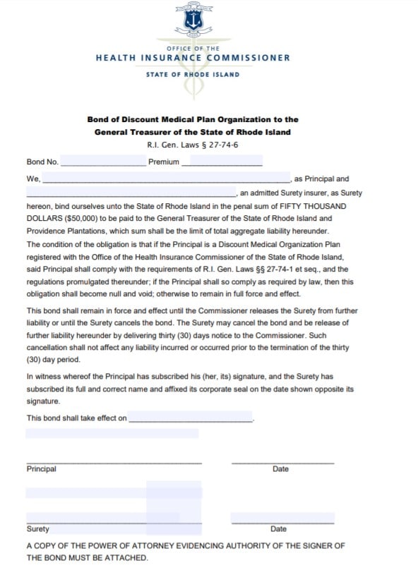 Rhode Island Discount Medical Plan Organization Bond Form