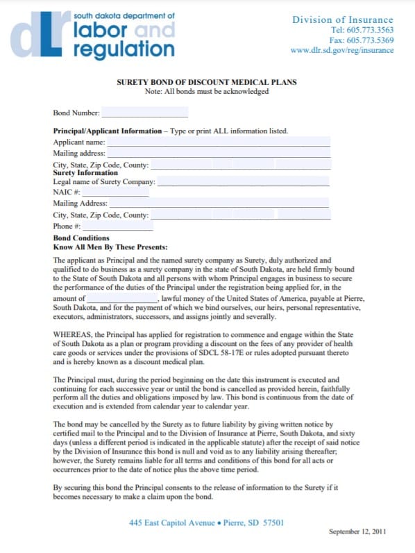 South Dakota Discount Medical Plan Bond Form