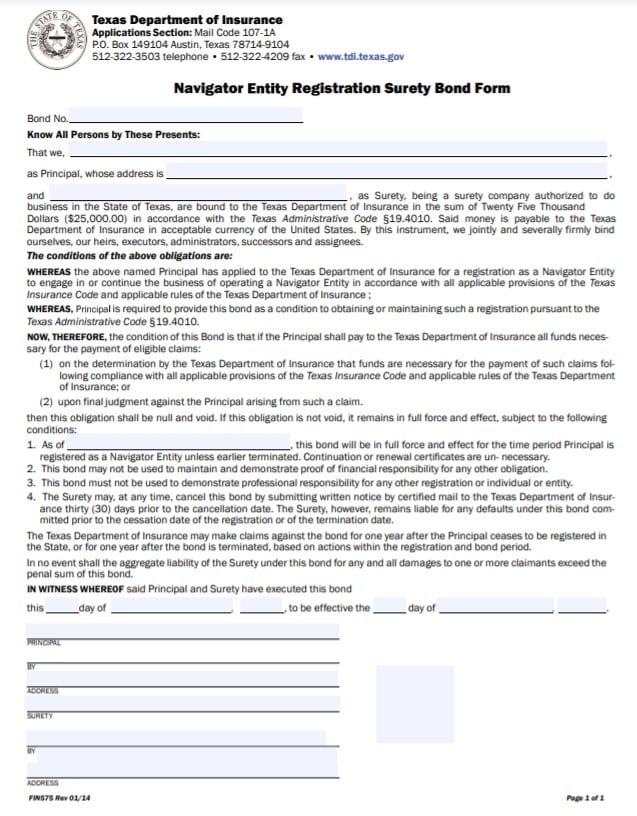 Texas Navigator Entity Bond Form