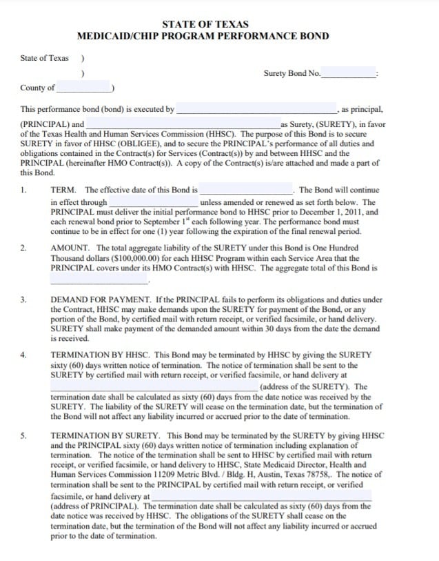 Texas Medicaid/CHIP Program Performance Bond Form