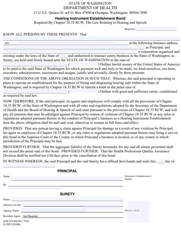 Washington Hearing Instrument Establishment Bond Form