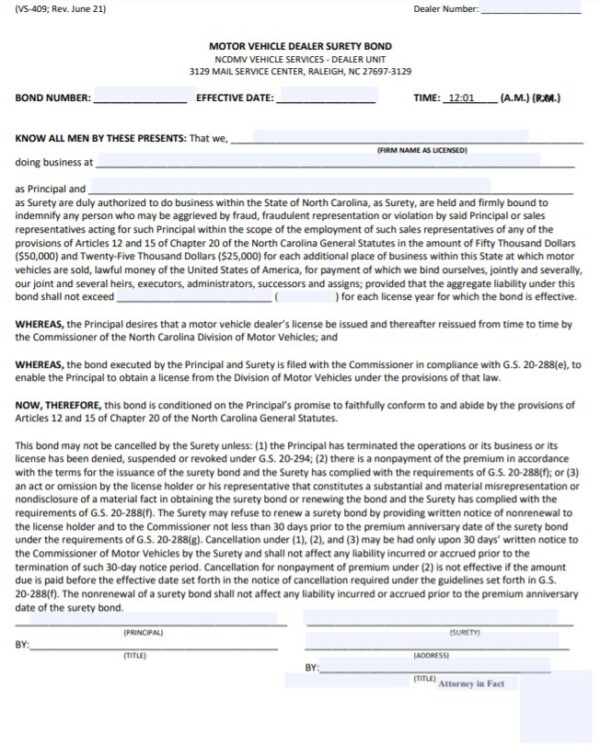 North Carolina Auto Dealer Bond A Guide for Insurance Agents