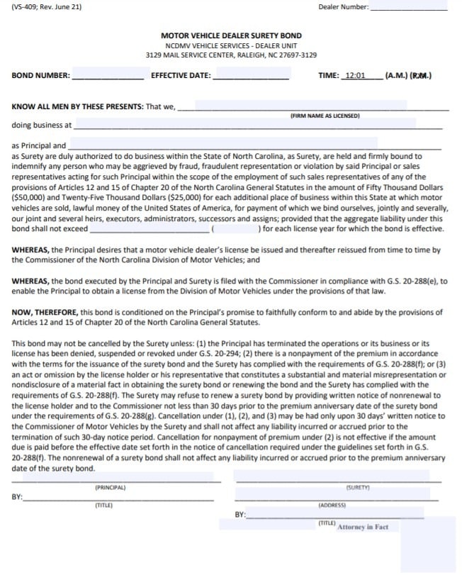 North Carolina Auto Dealer Bond Form