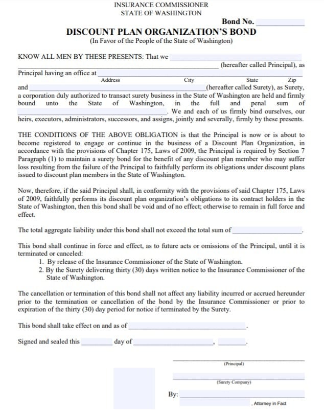 Washington Discount Plan Organization Bond Form