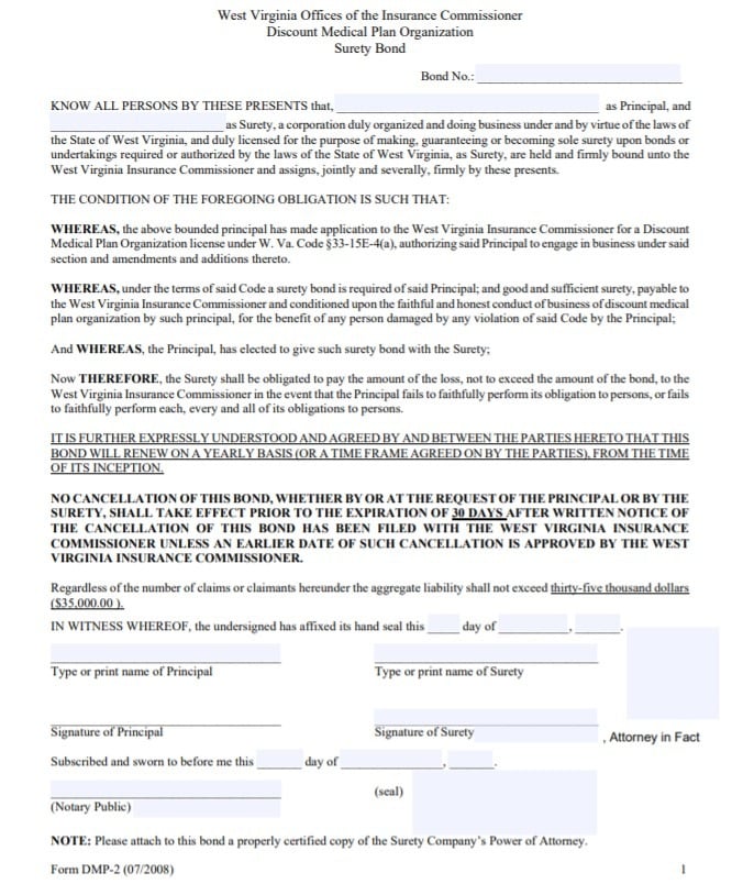 West Virginia Discount Medical Plan Organization Bond Form