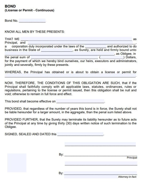 Newcastle Plumbing Contractor Bond Form
