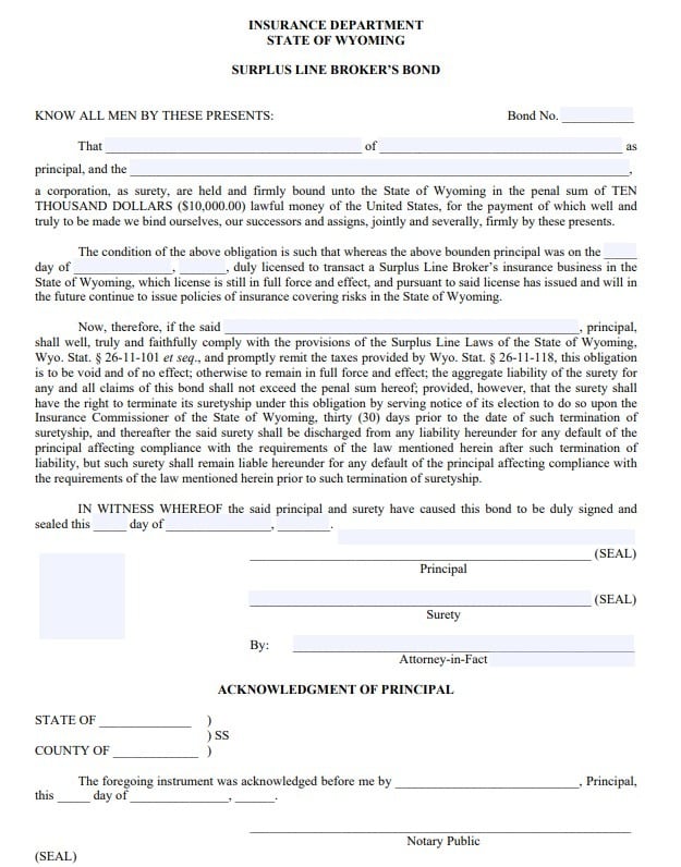 Wyoming Surplus Lines Broker Bond Form