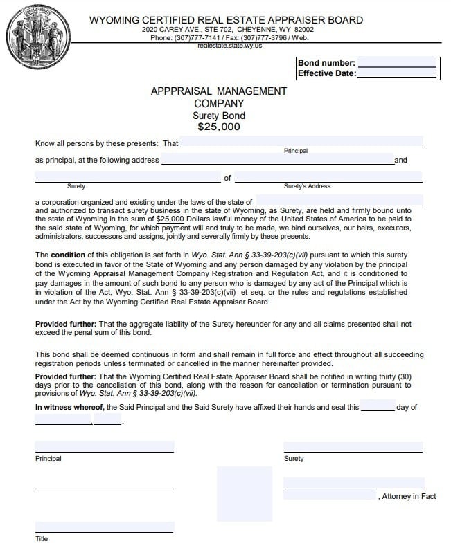 Wyoming Appraisal Management Company Bond Form