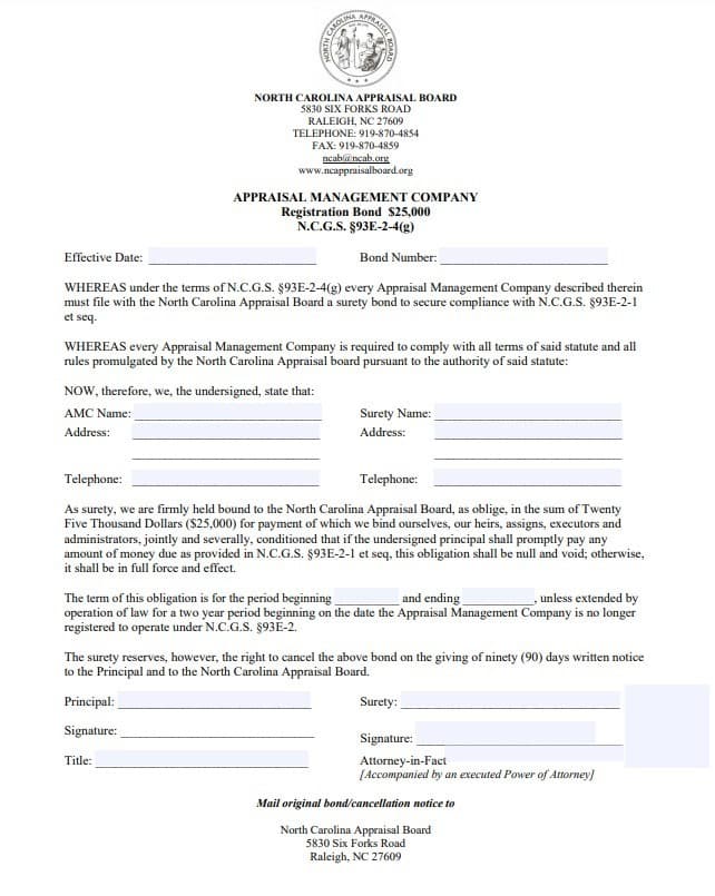 North Carolina Appraisal Management Company Bond Form