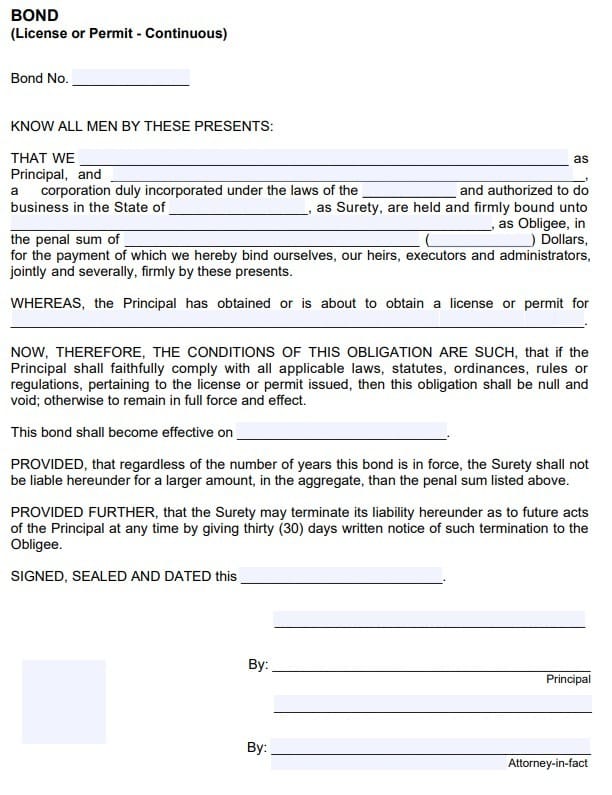 Jacksonville Itinerant Merchant Bond Form