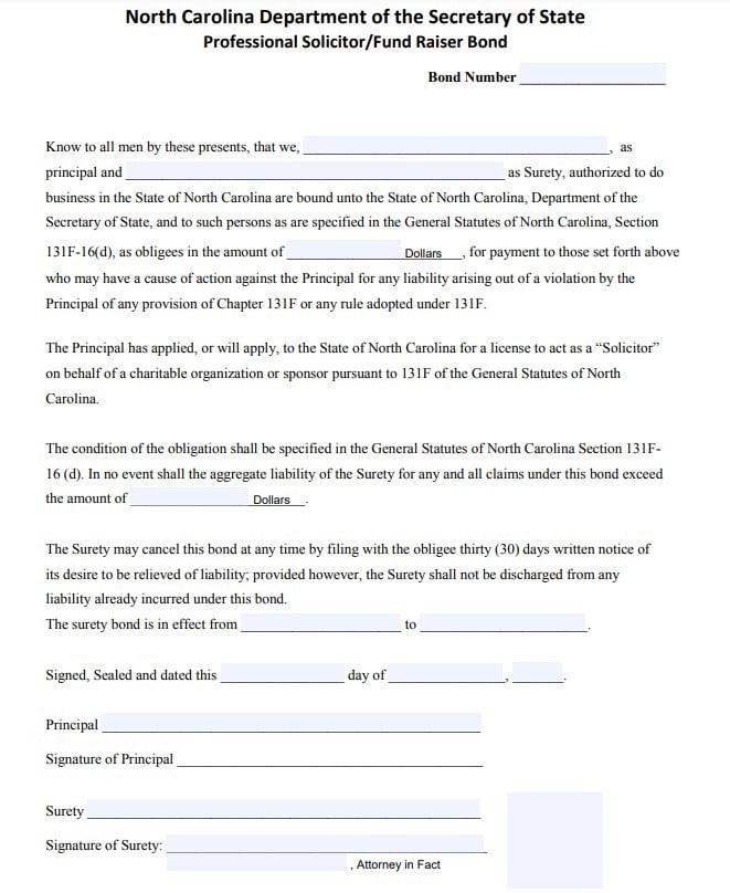 North Carolina Professional Solicitor Bond Form