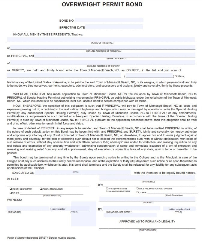 Minnesott Beach Overweight Permit Bond Form