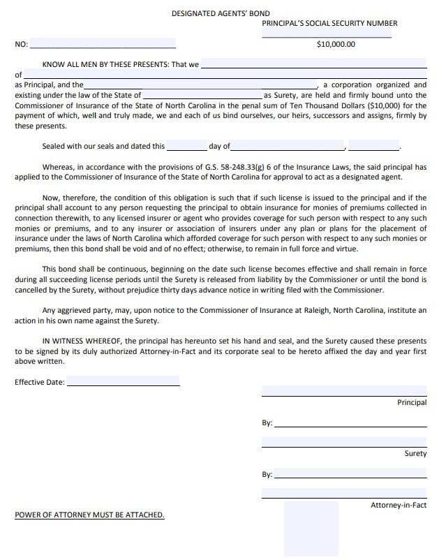 North Carolina Designated Agent Bond Form