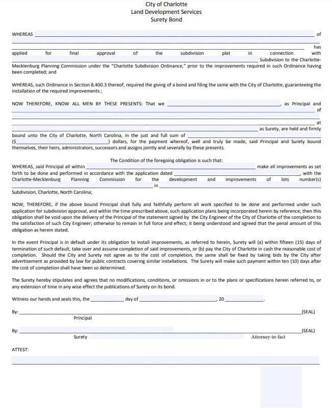 Charlotte Land Development Services Bond Form