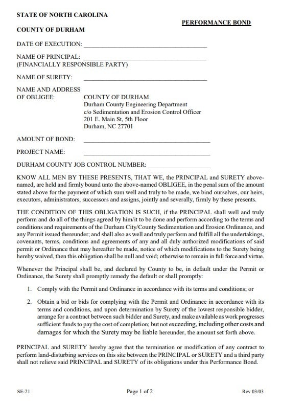Durham Sedimentation and Erosion Control Bond Form