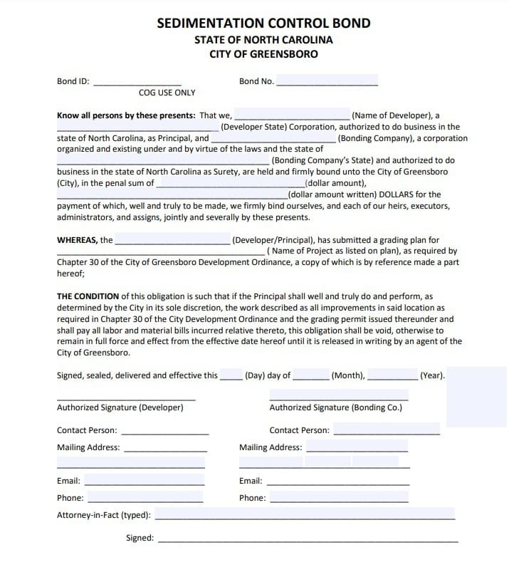Greensboro Sedimentation Control Bond Form