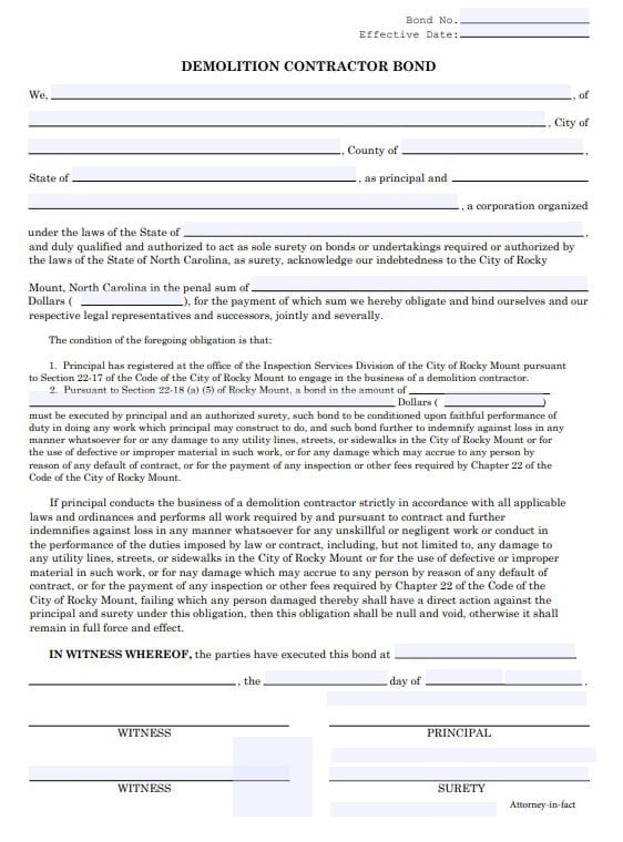 Rocky Mount Demolition Contractor Bond Form
