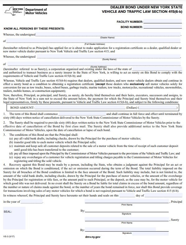 New York Auto Dealer Bond Form