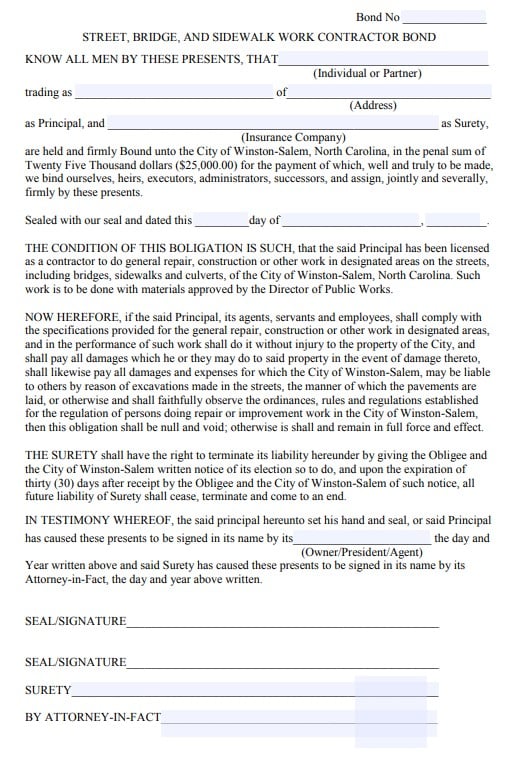 Winston-Salem Excavation Bond Form