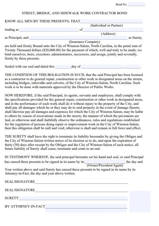 Winston-Salem Construction Contractor Bond Form