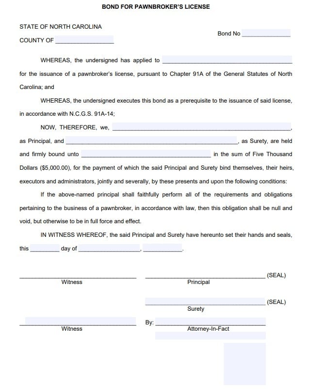 North Carolina Pawnbroker Bond Form