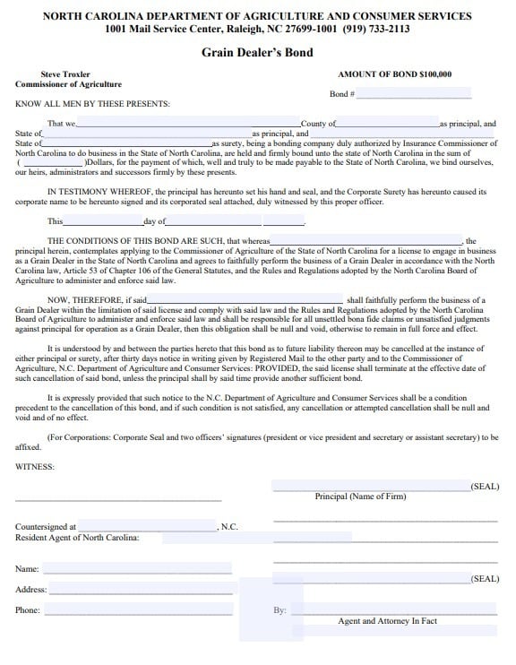 North Carolina Grain Dealer Bond Form