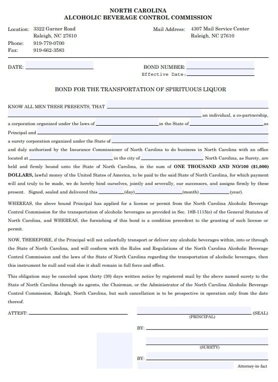 North Carolina Liquor Transportation Bond Form