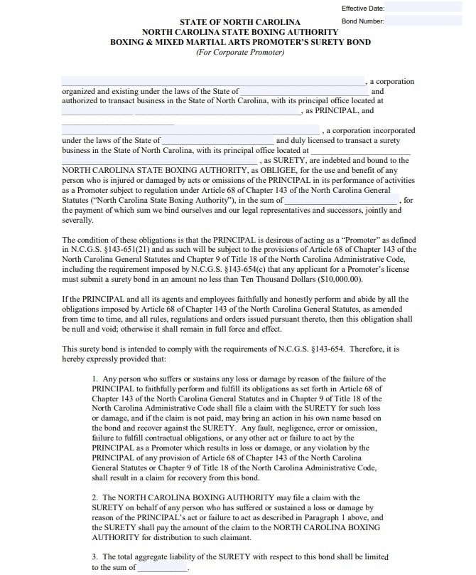 North Carolina Fight Promoter Bond Form